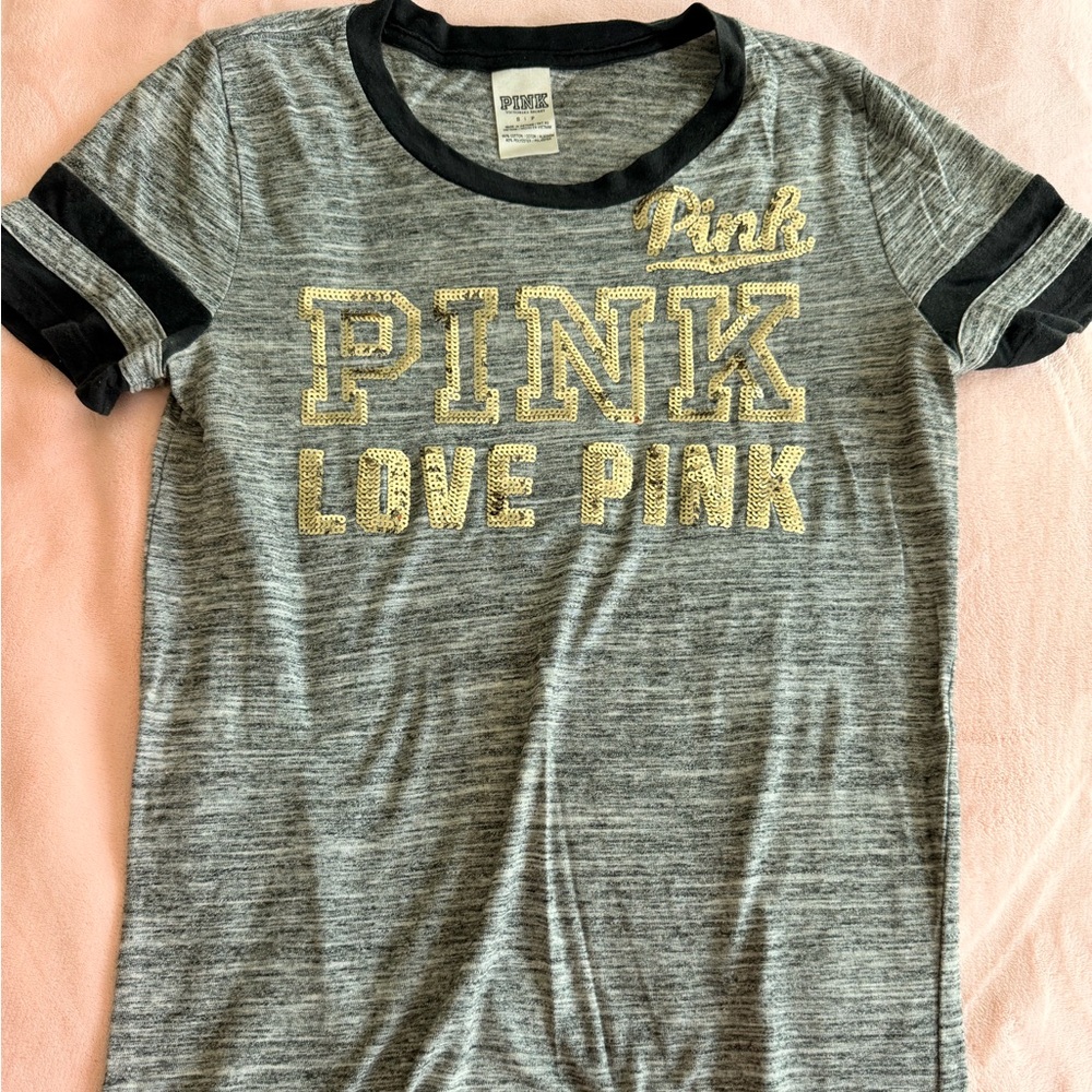 Victoria's Secret PINK Gray Tee with Gold Lettering